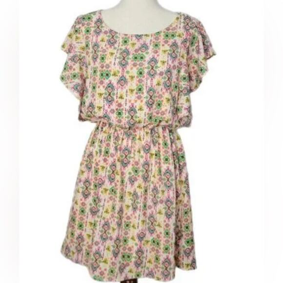 BIRDCAGE Anthropologie Women's Peplum Small Yellow Floral Mini Dress Peg Flowy - Picture 1 of 9